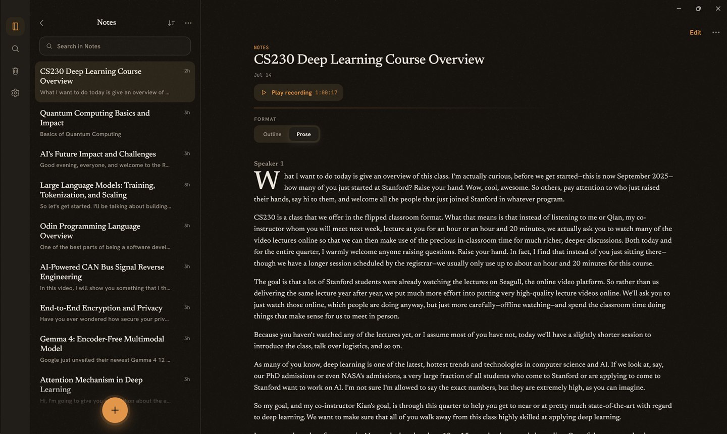 Engram on the desktop — a lecture note in prose view, with the notes list alongside.