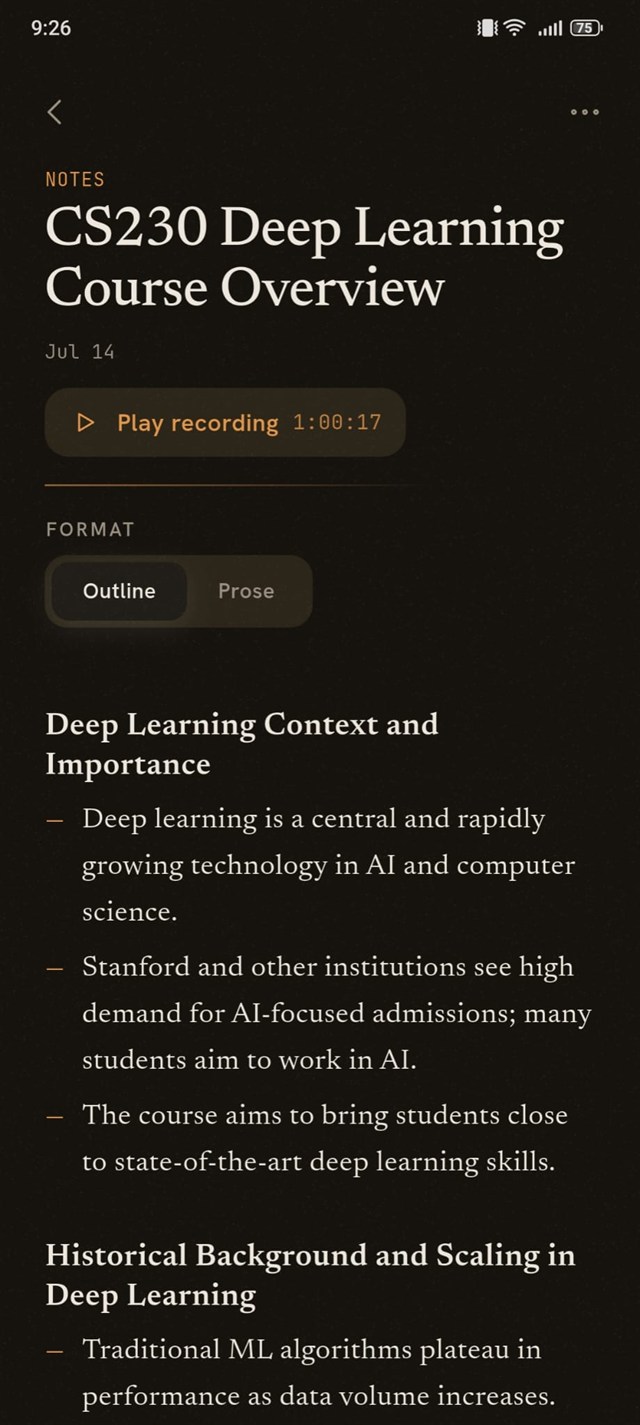 Engram on a phone — the same lecture note as a scannable outline.